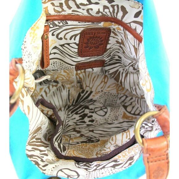 LUCKY BRAND BANDIT FOLDOVER BLUE COTTON BROWN LEATHER TOTE SHOULDER BAG HANDBAG - Picture 10 of 12